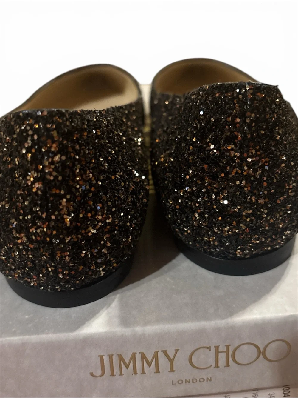 Jimmy Choo Women's Black Glitter Pointed Toe Romy Flats size 39 1/2 NWT’s & box!